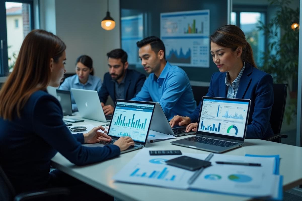 Professional team analyzing financial reports and business data